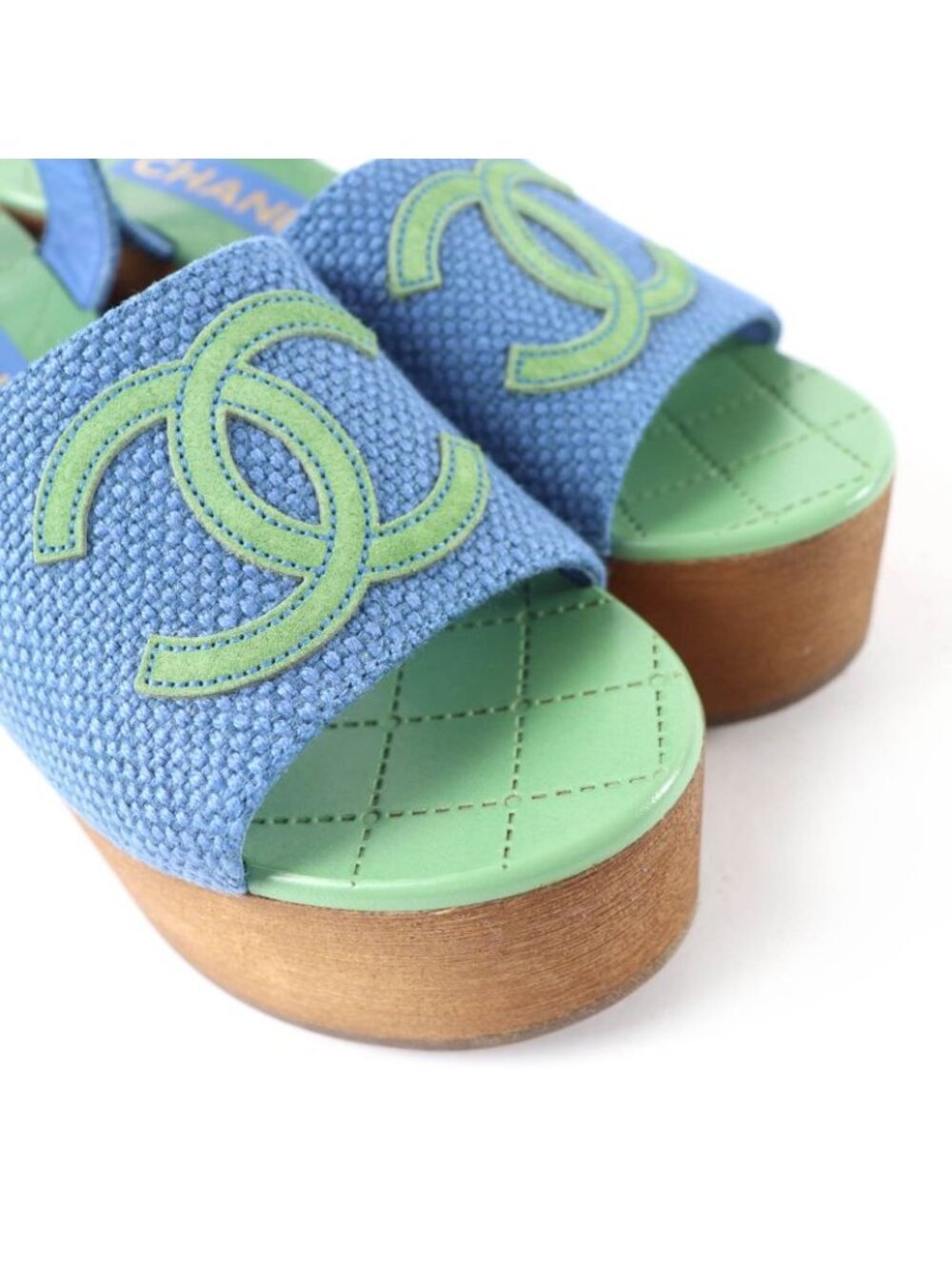 Chanel CC Logo Ankle Strap Wedge Sole Sandals Blue Green 35 - Picture 7 of 11